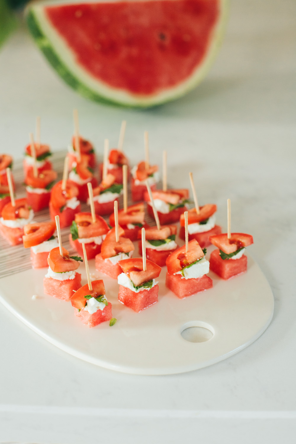 watermelon goat cheese mint tomato bites